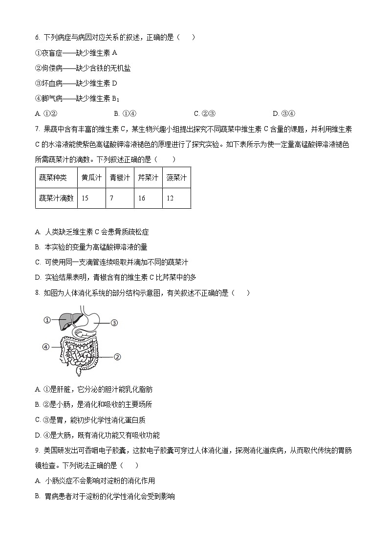 四川省自贡市富顺县富顺第二中学校2023-2024学年七年级下学期期中生物试题（原卷版）第2页