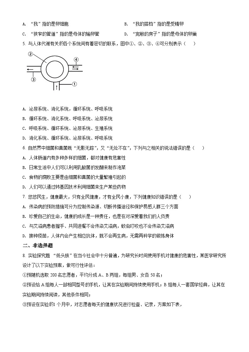 精品解析：湖北省随州市中考2021年中考生物试题（原卷版）第2页