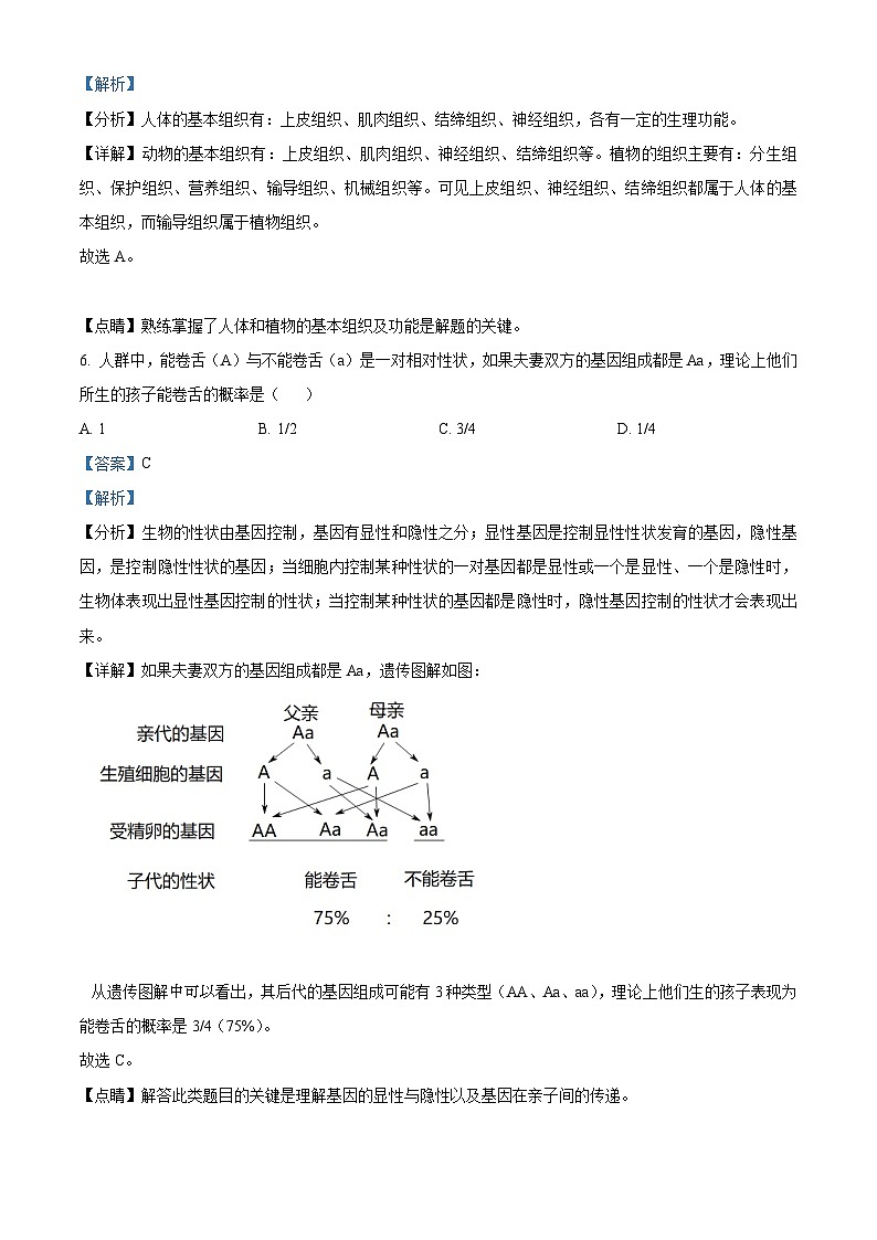 精品解析：湖北省咸宁市2021年中考生物试题（解析版）第3页