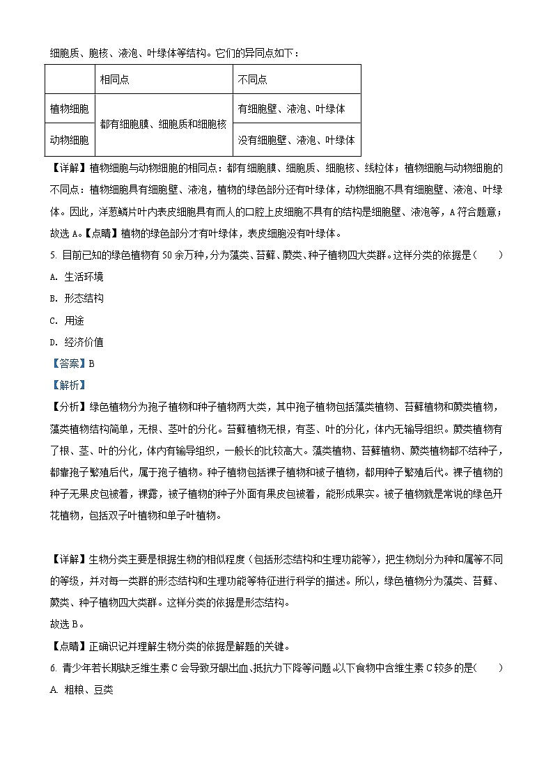 精品解析：湖北省襄阳市2021年中考生物试题（解析版）第3页