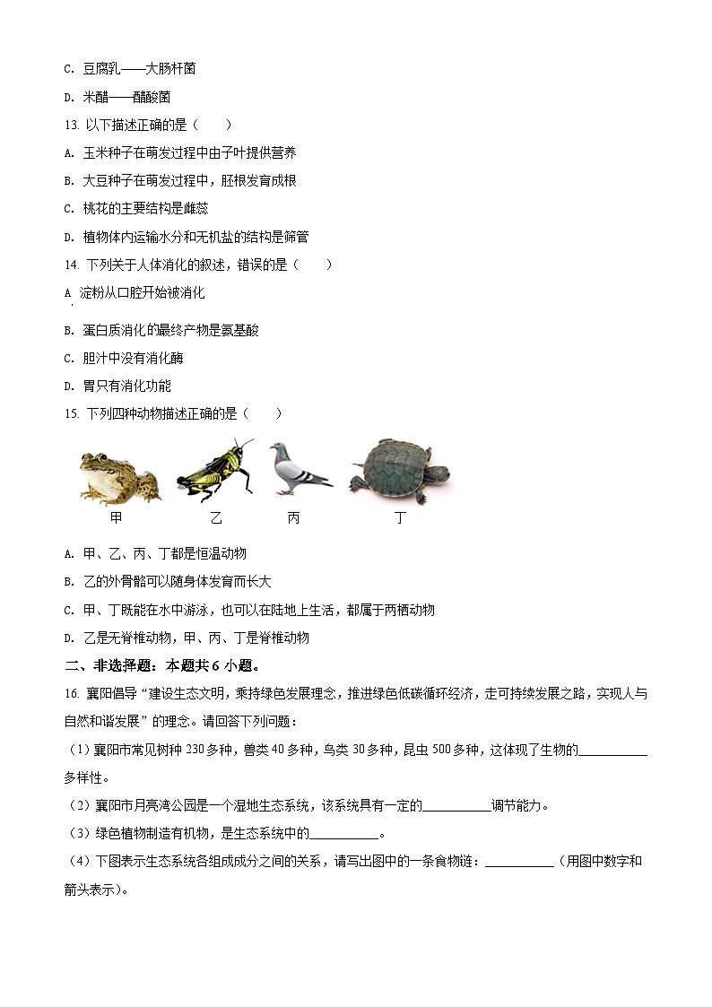 精品解析：湖北省襄阳市2021年中考生物试题（原卷版）第3页