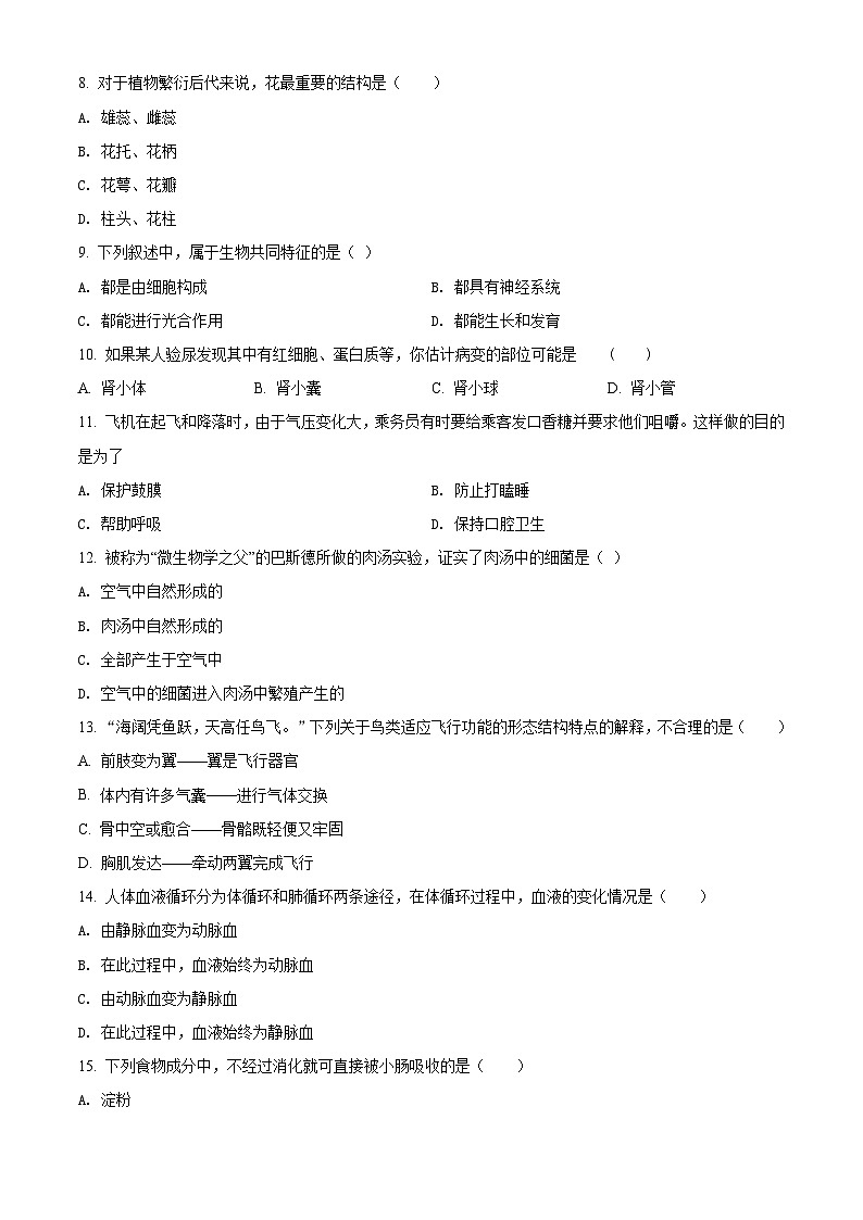 精品解析：黑龙江省牡丹江、鸡西地区朝鲜族学校2021年中考生物试题（原卷版）第2页