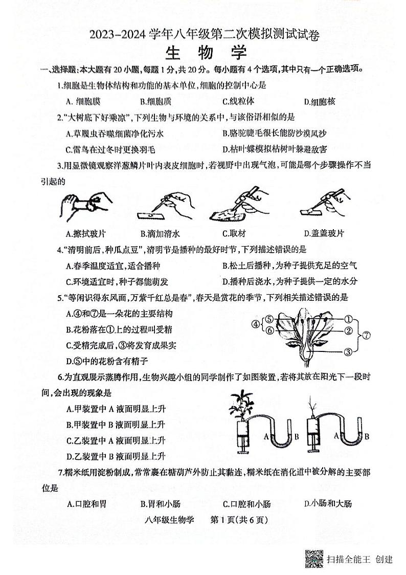 2024年河南省焦作市中考二模生物试题01