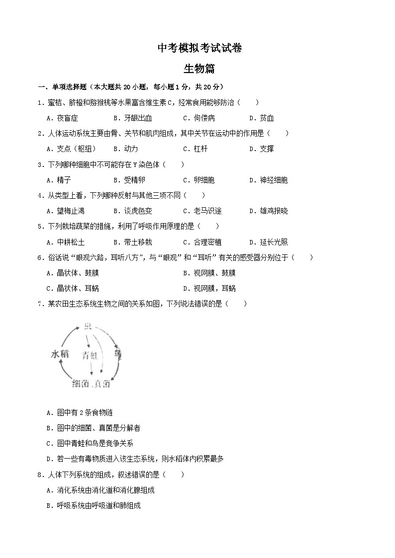 【全套精品专题】初二年级中考生物模拟试卷6（带解析）第1页