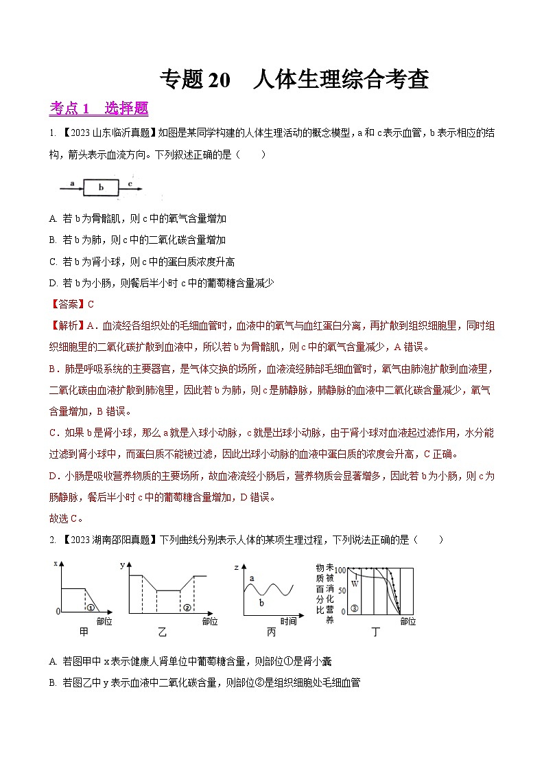 2024年中考生物真题分项汇编（全国通用）-专题20  人体生理综合考查- 学易金卷： （第1期）（原卷版+解析版）01