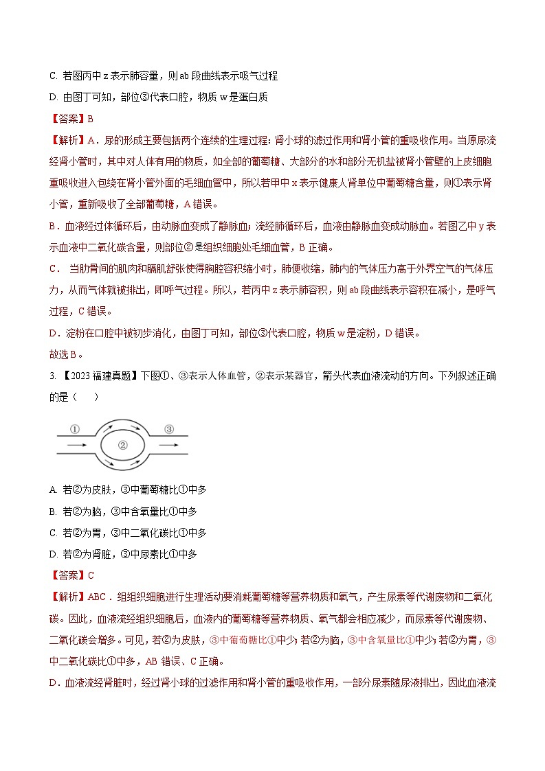 2024年中考生物真题分项汇编（全国通用）-专题20  人体生理综合考查- 学易金卷： （第1期）（原卷版+解析版）02