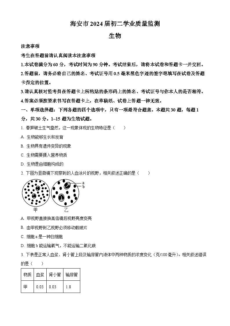 2024年江苏省南通市海安市中考一模生物试题（原卷版+解析版）01