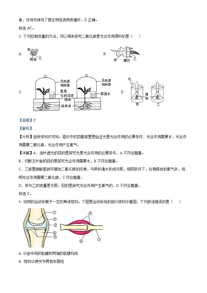2024年山东省菏泽市东明县中考一模生物试题（原卷版+解析版）03