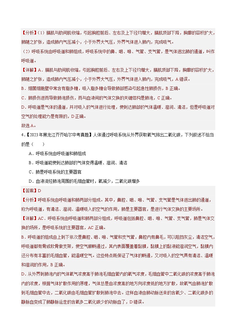 2024年中考生物真题分项汇编（全国通用）-专题06 人体呼吸（原卷版+解析版）02