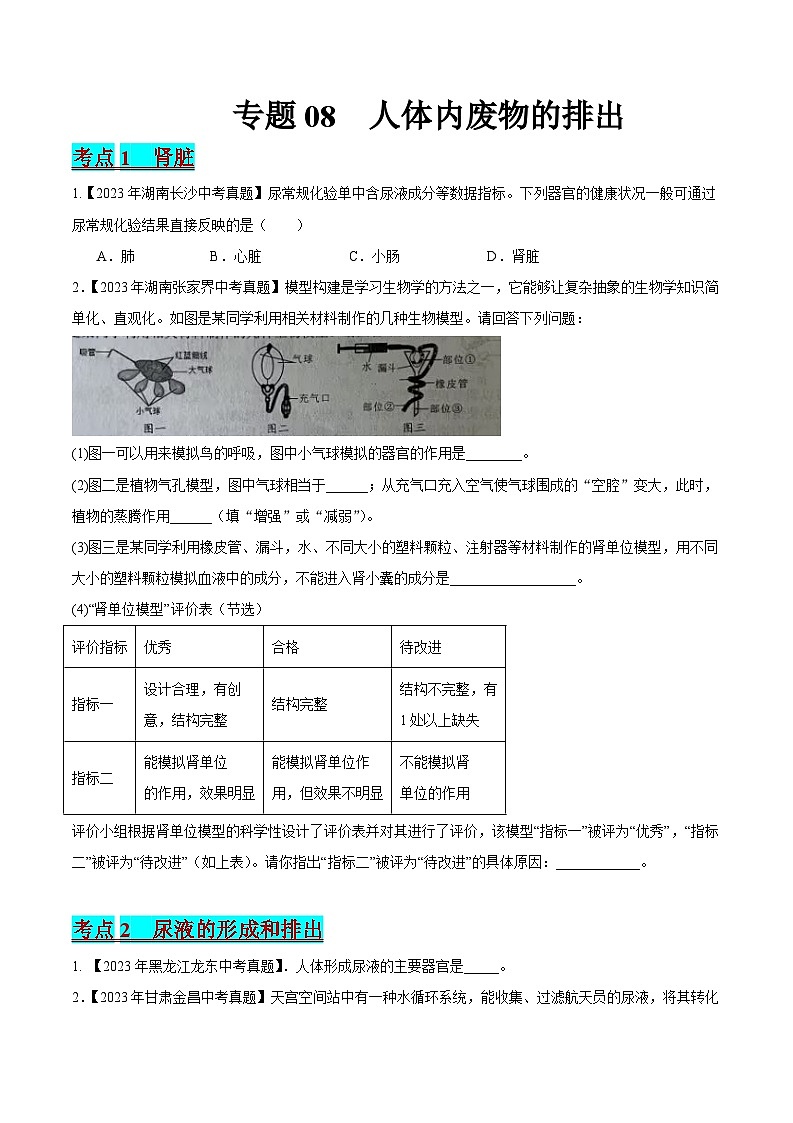 2024年中考生物真题分项汇编（全国通用）-专题08 人体内废物的排出（原卷版+解析版）01