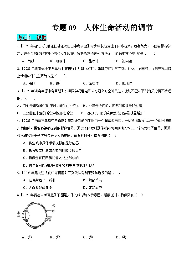 2024年中考生物真题分项汇编（全国通用）-专题09 人体生命活动的调节（原卷版+解析版）01
