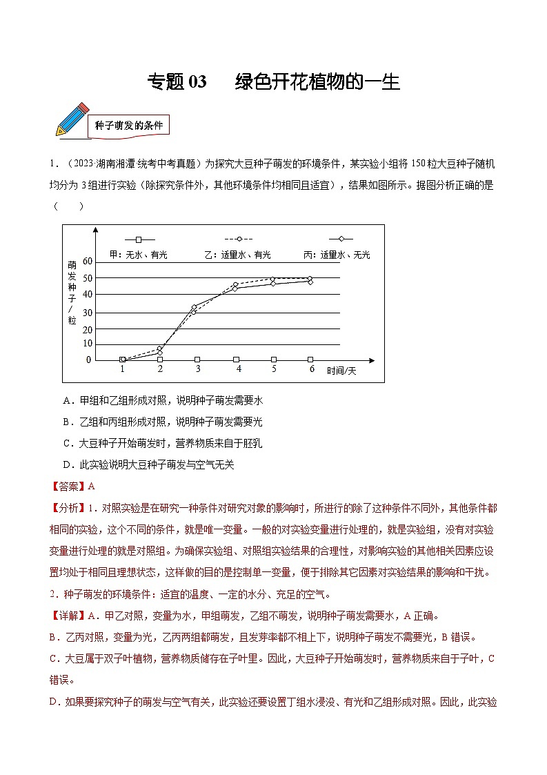 2024年中考生物真题分项汇编（全国通用）-专题03 绿色开花植物的一生（原卷版+解析版）01