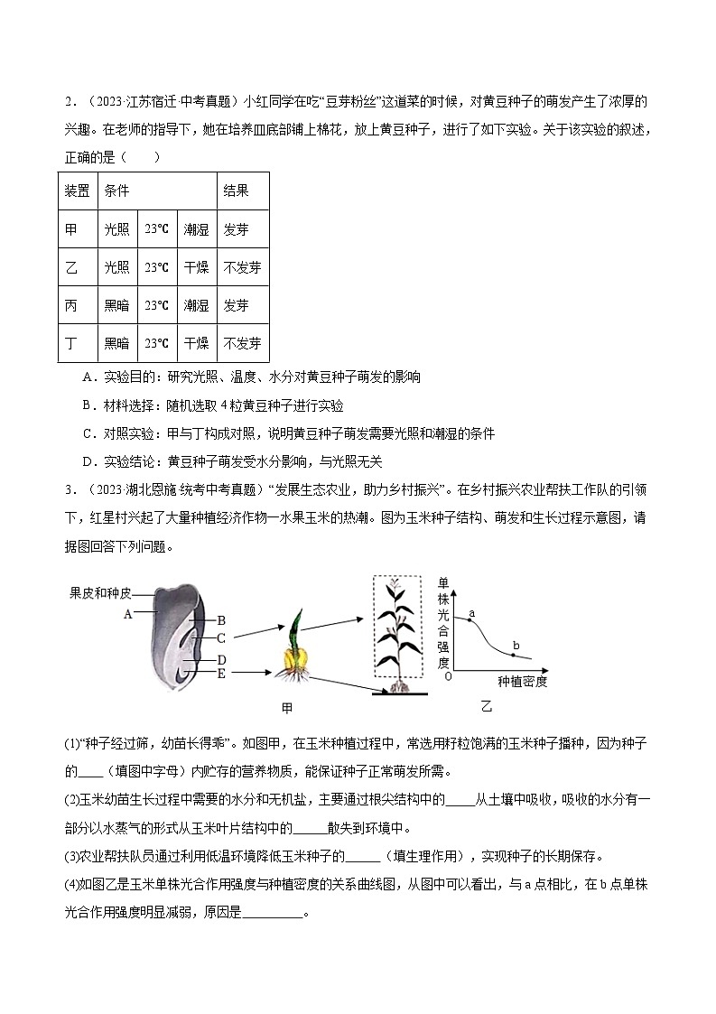 2024年中考生物真题分项汇编（全国通用）-专题03 绿色开花植物的一生（原卷版+解析版）03