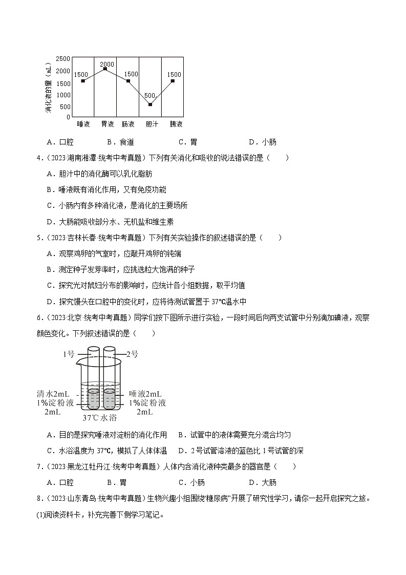 2024年中考生物真题分项汇编（全国通用）-专题05 人体的营养（原卷版+解析版）03