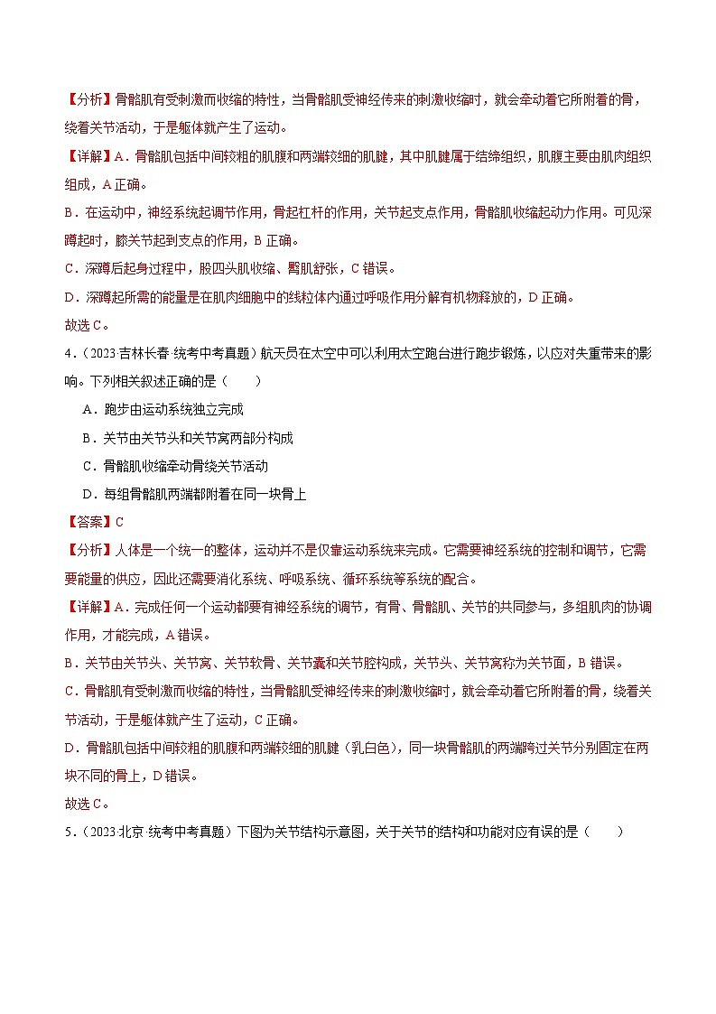 2024年中考生物真题分项汇编（全国通用）-专题10 动物的运动和行为（原卷版+解析版）03