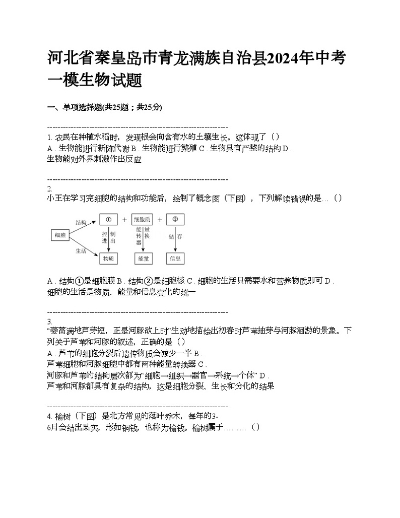 河北省秦皇岛市青龙满族自治县2024年中考一模生物试题01