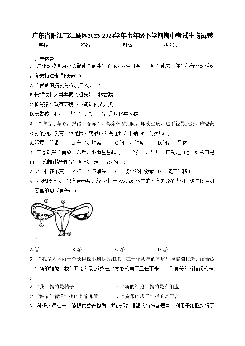 广东省阳江市江城区2023-2024学年七年级下学期期中考试生物试卷(含答案)第1页