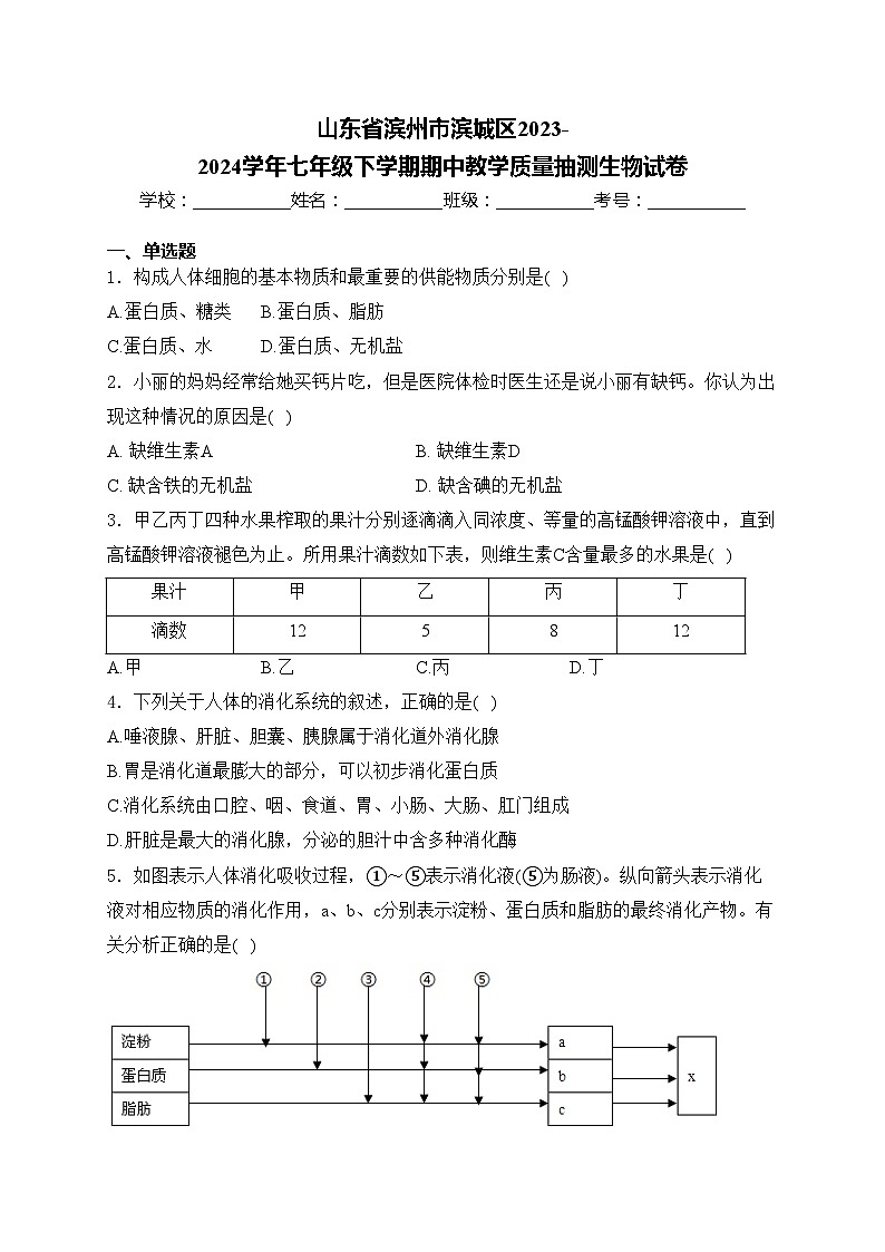 山东省滨州市滨城区2023-2024学年七年级下学期期中教学质量抽测生物试卷(含答案)第1页
