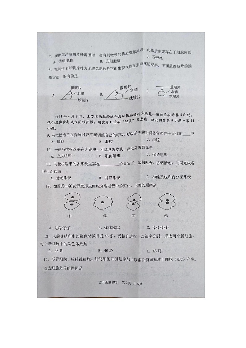 10，江苏省淮安市淮安区2023-2024学年七年级下学期期中学业监测生物试卷第2页