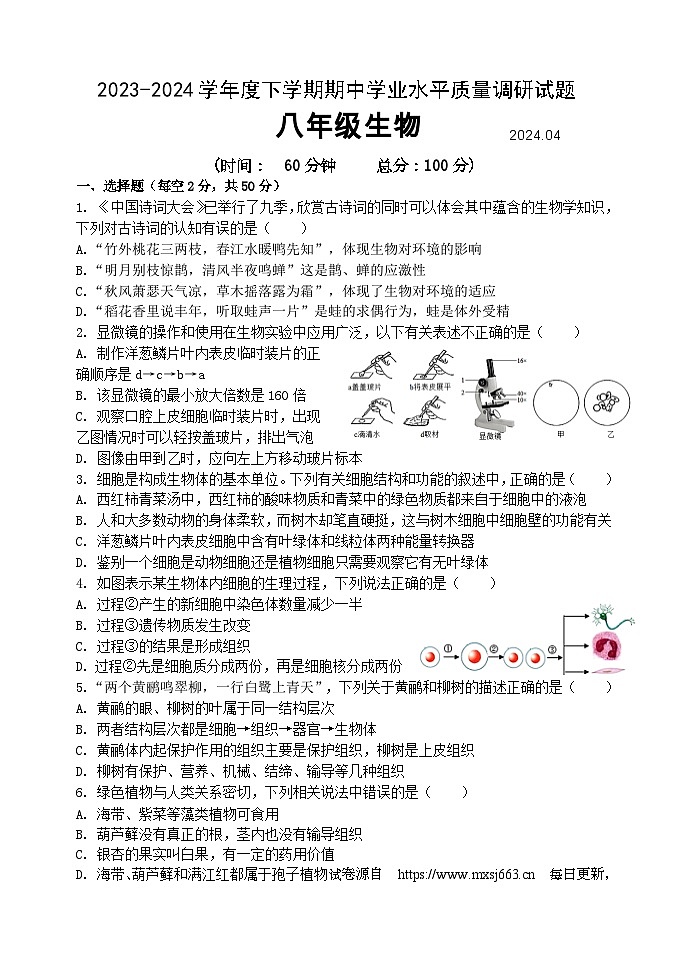 19，山东省临沂市罗庄区2023-2024学年八年级下学期期中考试生物试题01