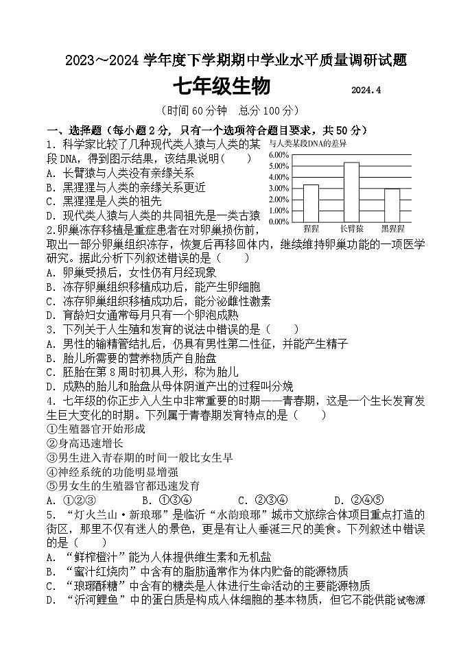 20，山东省临沂市罗庄区2023-2024学年七年级下学期期中考试生物试题第1页