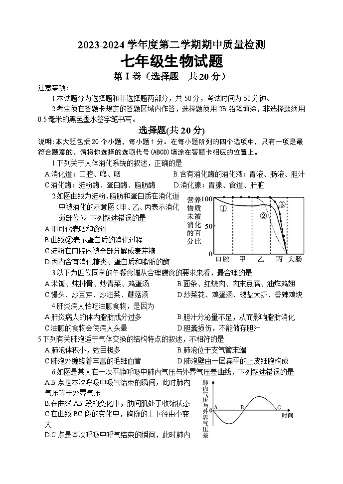 71，山东省菏泽市东明县2023-2024学年七年级下学期期中考试生物试题01