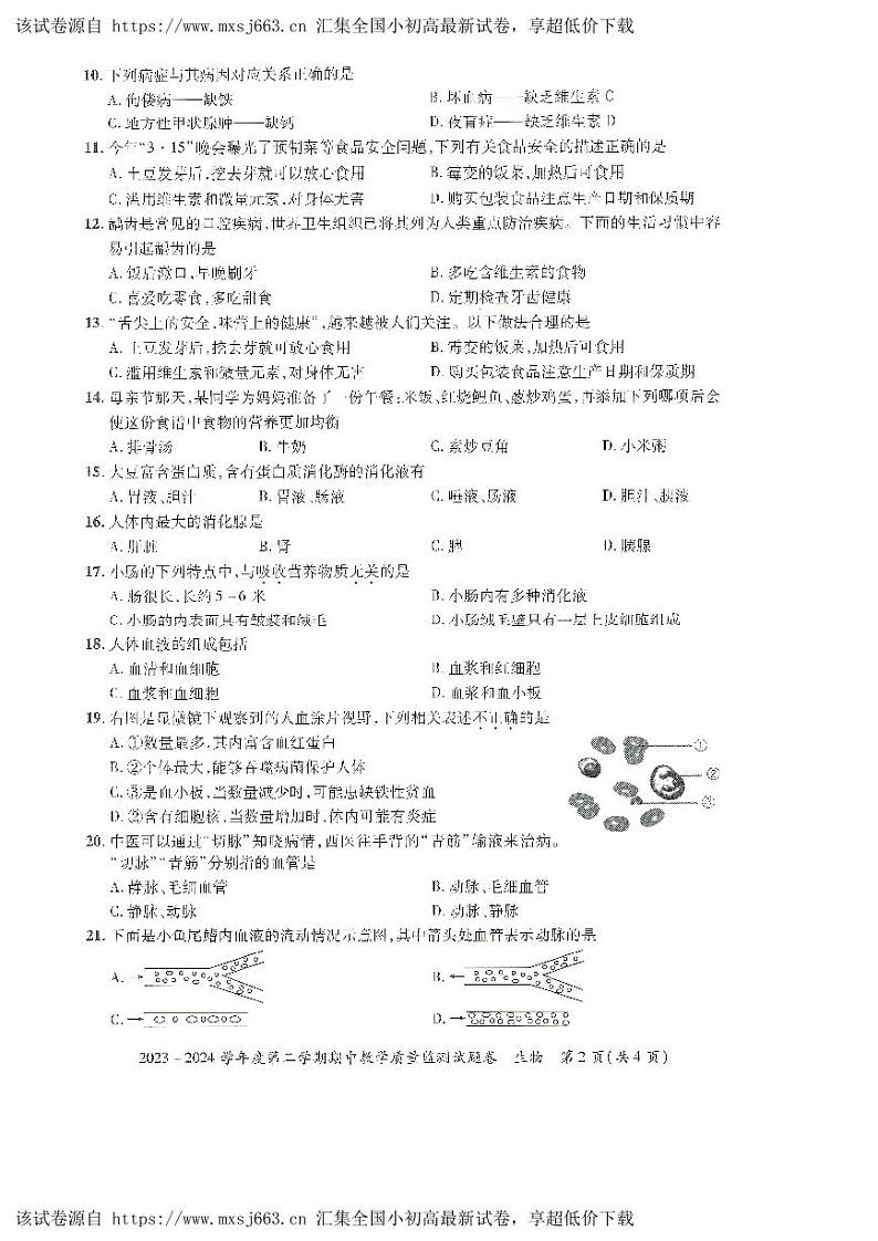 70，安徽省滁州市全椒县2023-2024学年七年级下学期期中生物试卷第2页