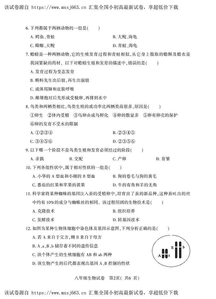 73，河南省信阳市潢川县2023-2024学年八年级下学期期中教学质量监测生物试题第2页
