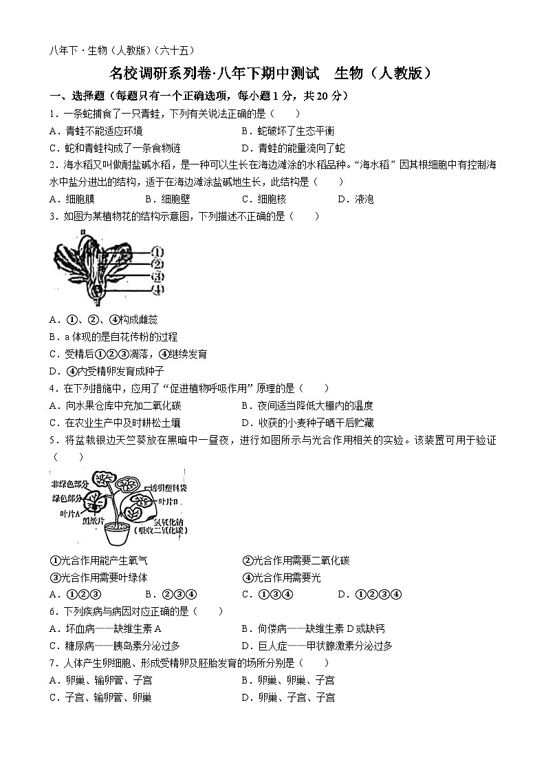 86，吉林省松原市前郭县乡镇联考名校调研系列卷2023—2024学年八年级下学期期中测试生物生物试题第1页