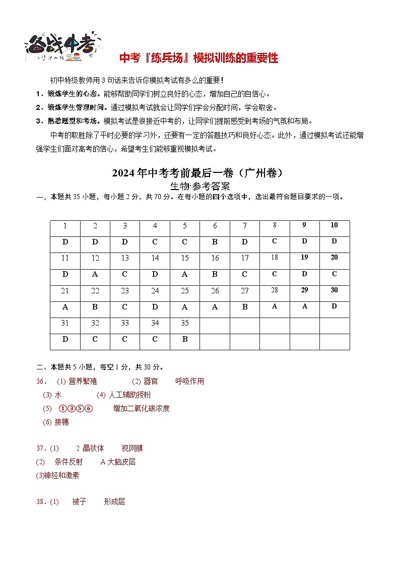 生物（广州卷）（参考答案及评分标准）第1页