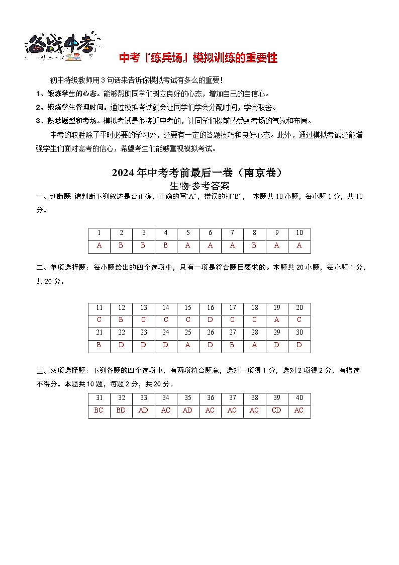 生物（南京卷）（参考答案及评分标准）第1页