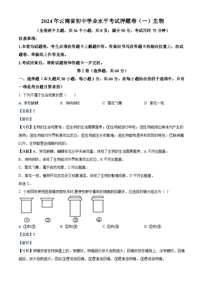 2024年云南省楚雄彝族自治州禄丰市中考二模生物试题（原卷版+解析版）01