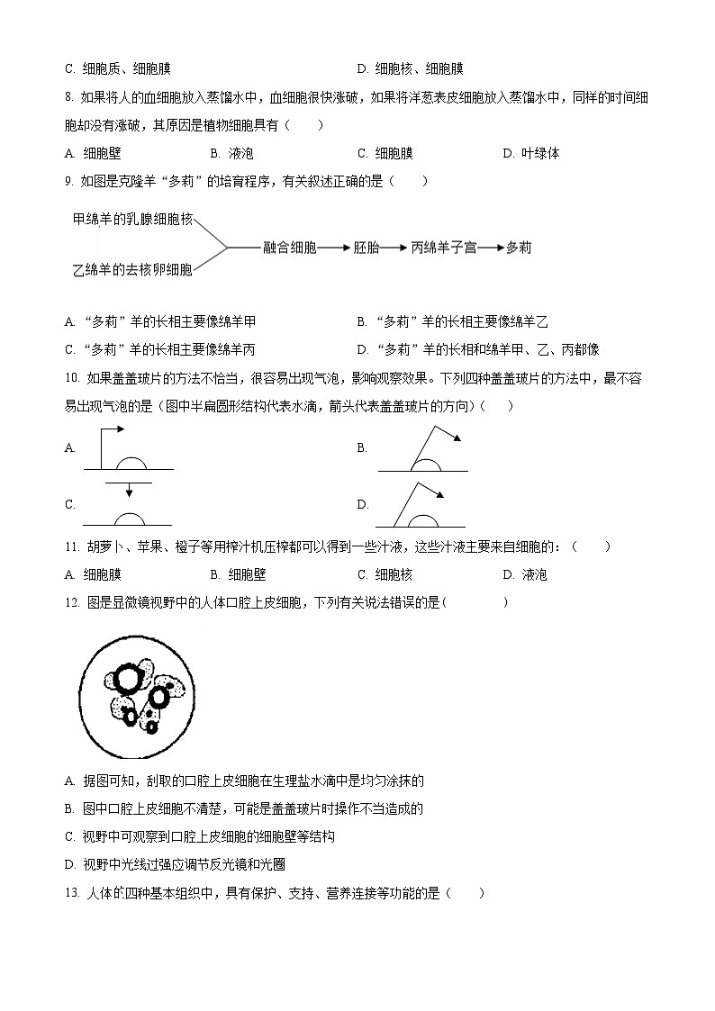 江苏省淮安市浦东实验中学2023-2024学年七年级下学期期中生物试题（原卷版）第2页