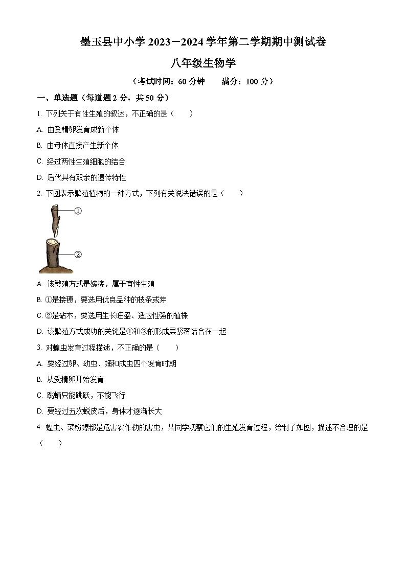 新疆和田地区墨玉县2023-2024学年八年级下学期期中生物试题（原卷版）第1页