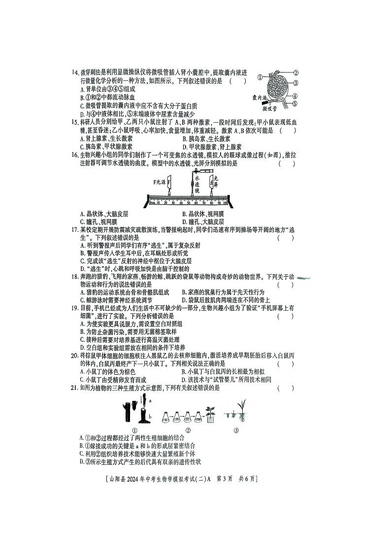 2024年陕西省商洛市山阳县初中学业水平模拟考试（二）生物试题第3页