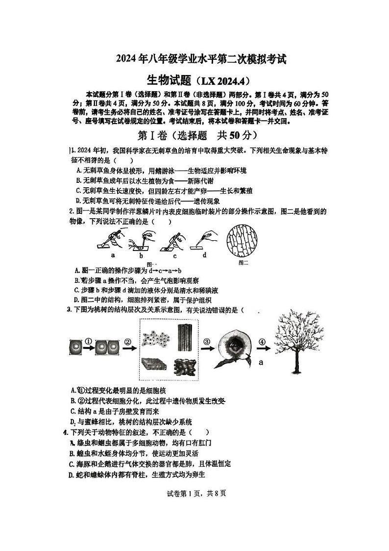 2024年山东省济南市历下区中考二模生物试题01