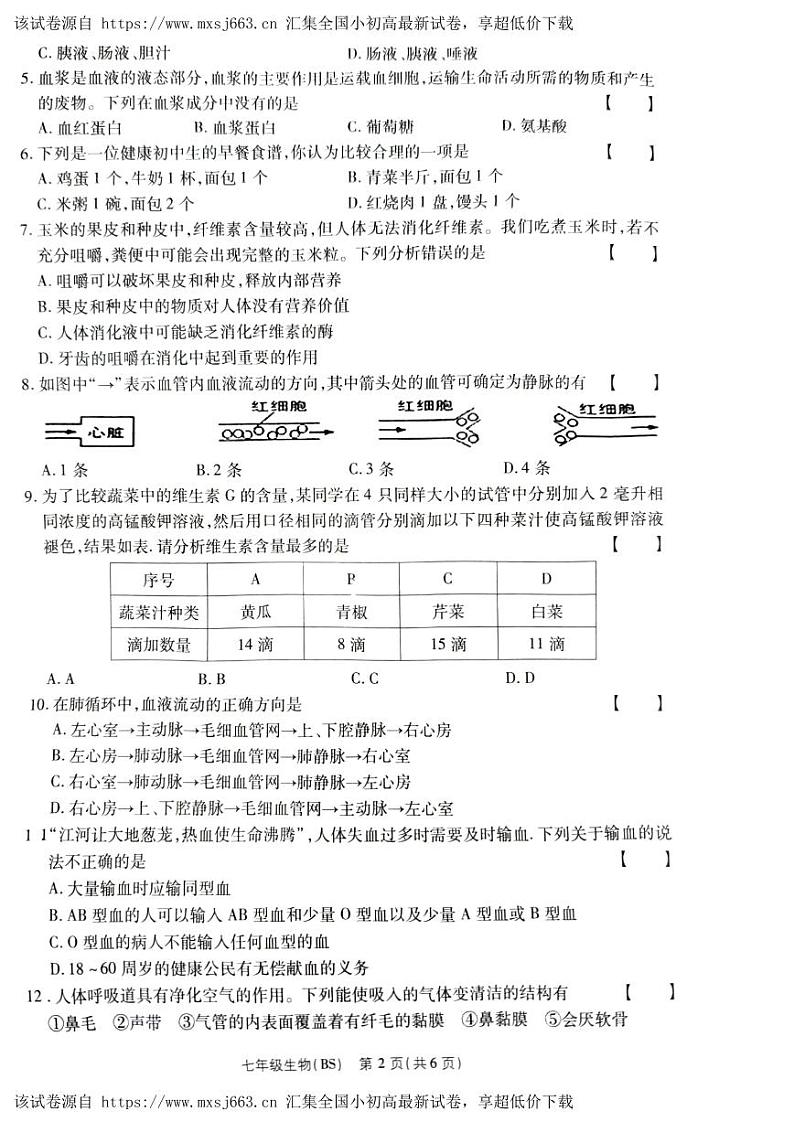 河南省安阳市内黄县实验中学2023-2024学年七年级下学期期中考试生物试卷第2页