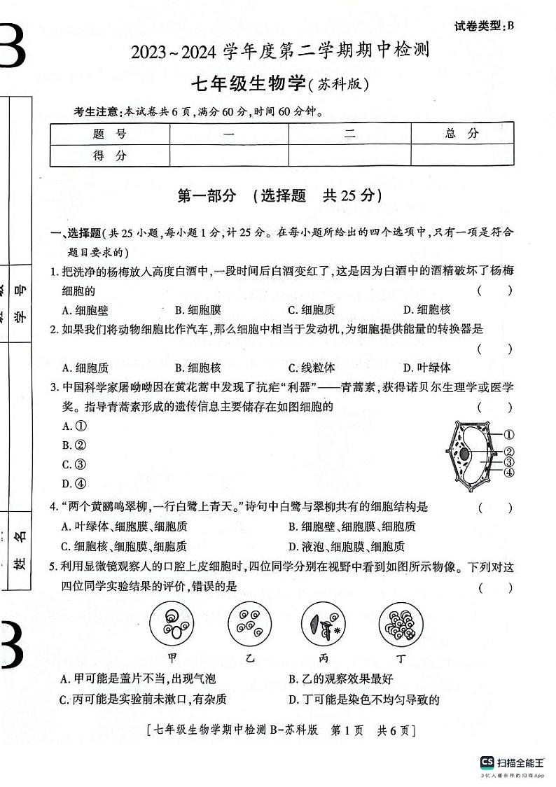 陕西省渭南市高新区2023--2024学年七年级下学期期中生物试题第1页