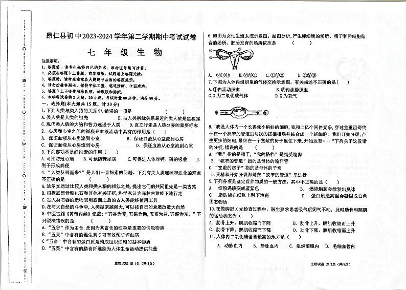 西藏日喀则市昂仁县2023-2024学年七年级下学期5月期中生物试题01