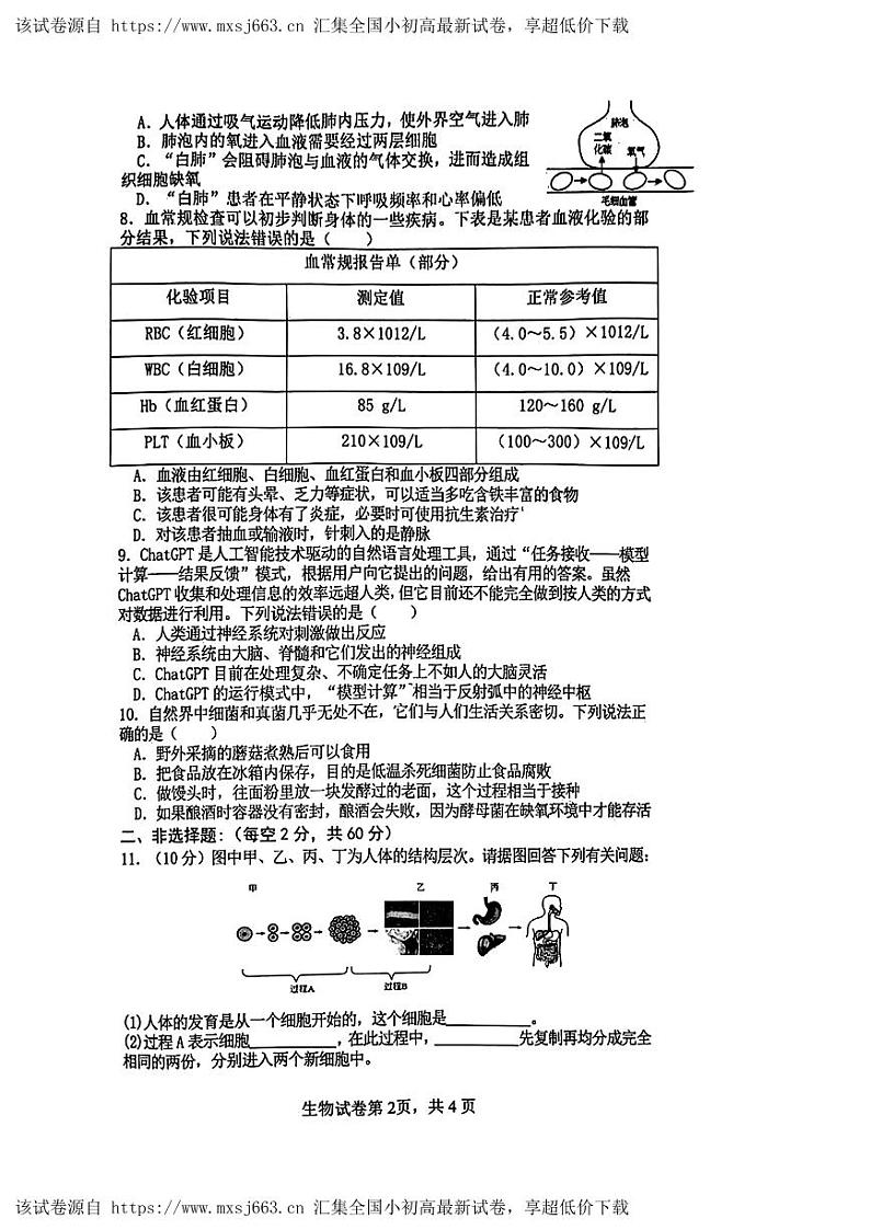 2024年四川省南充市中考二模考试生物试题第2页
