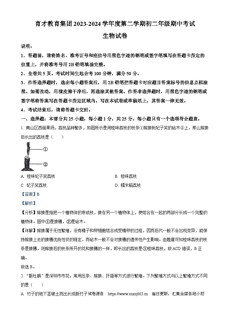 广东省深圳市南山区育才教育集团2023-2024学年八年级下学期期中生物试题01