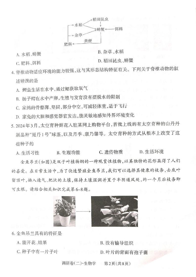 2024年山西省大同市多所学校八年级中考第二次调研考试生物试卷02