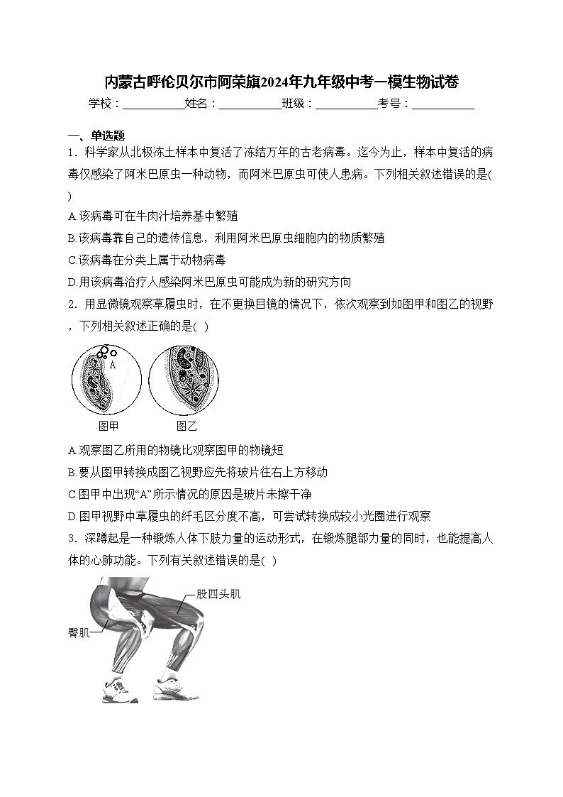 内蒙古呼伦贝尔市阿荣旗2024年九年级中考一模生物试卷(含答案)第1页
