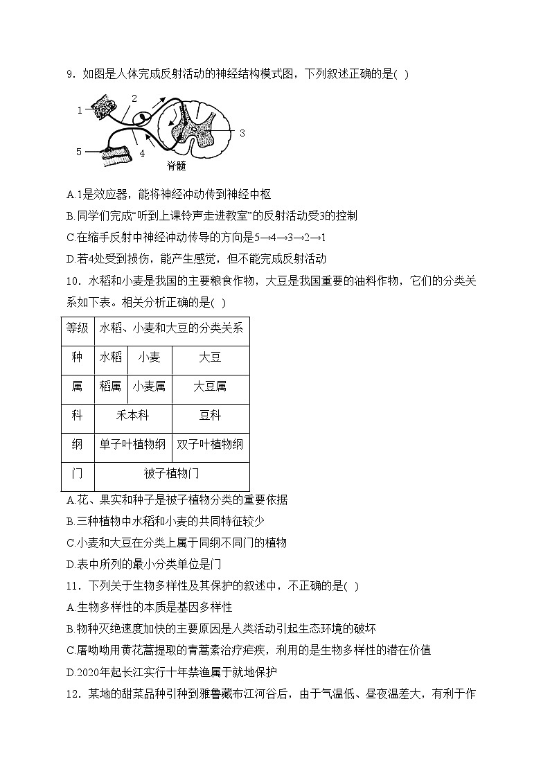 山西省大同市新荣区两校2024年联考中考一模生物试卷(含答案)03