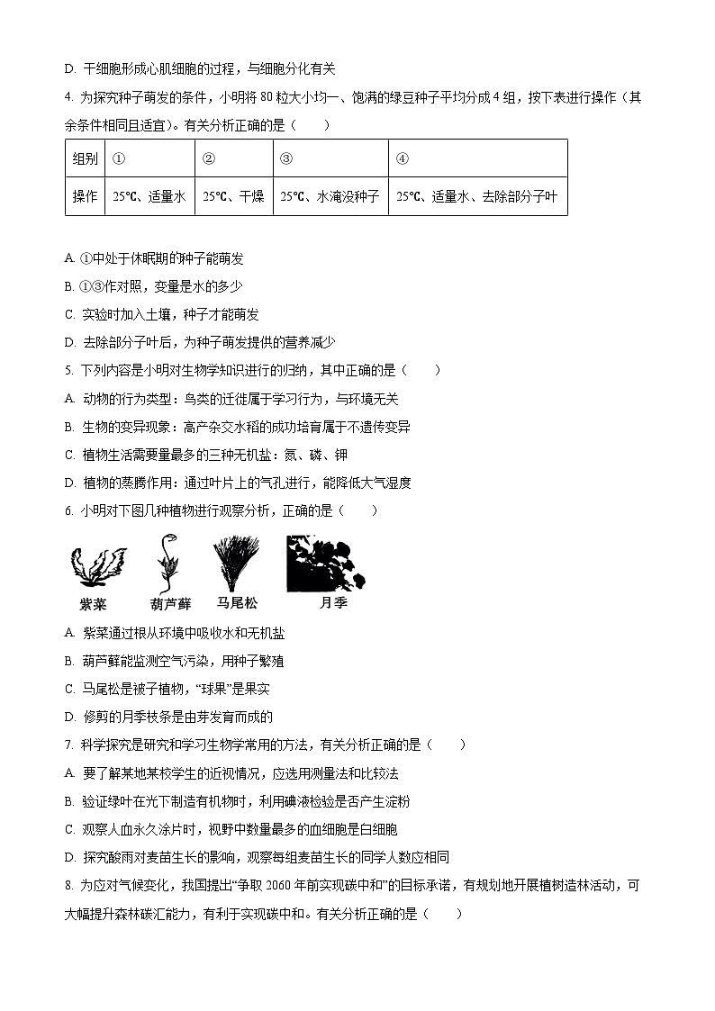 2024年陕西省汉中市宁强县八年级中考二模生物试题（原卷版）第2页