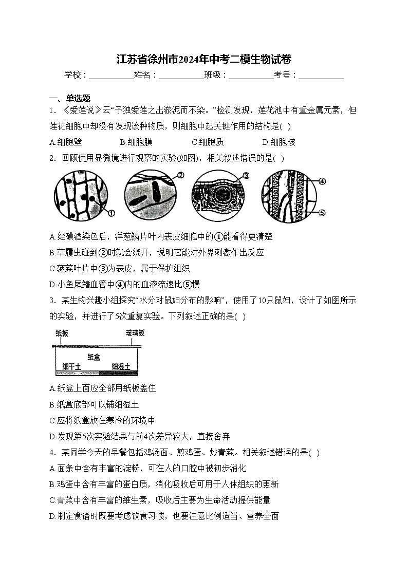 江苏省徐州市2024年中考二模生物试卷(含答案)01