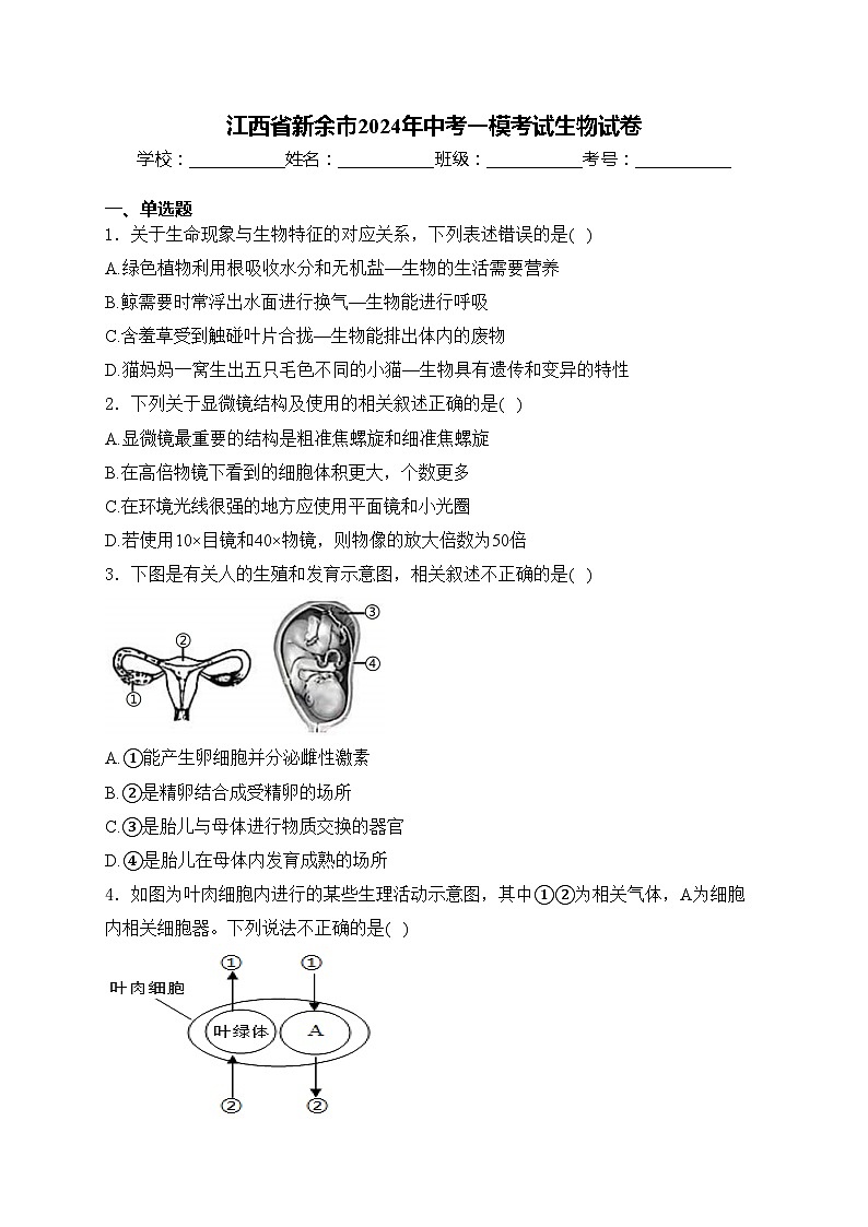 江西省新余市2024年中考一模考试生物试卷(含答案)01