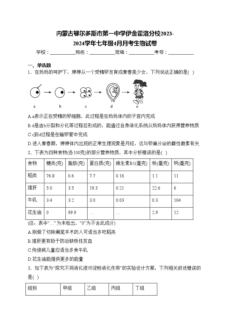 内蒙古鄂尔多斯市第一中学伊金霍洛分校2023-2024学年七年级4月月考生物试卷(含答案)01