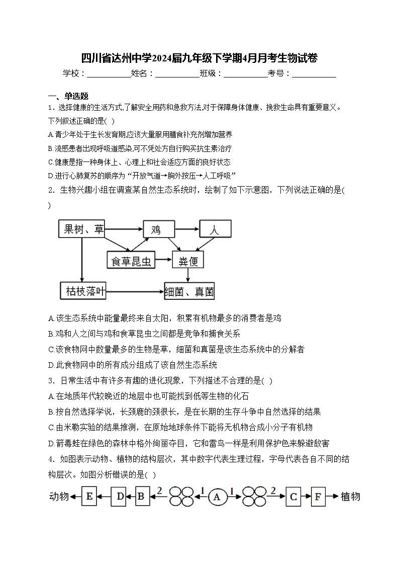 四川省达州中学2024届九年级下学期4月月考生物试卷(含答案)第1页
