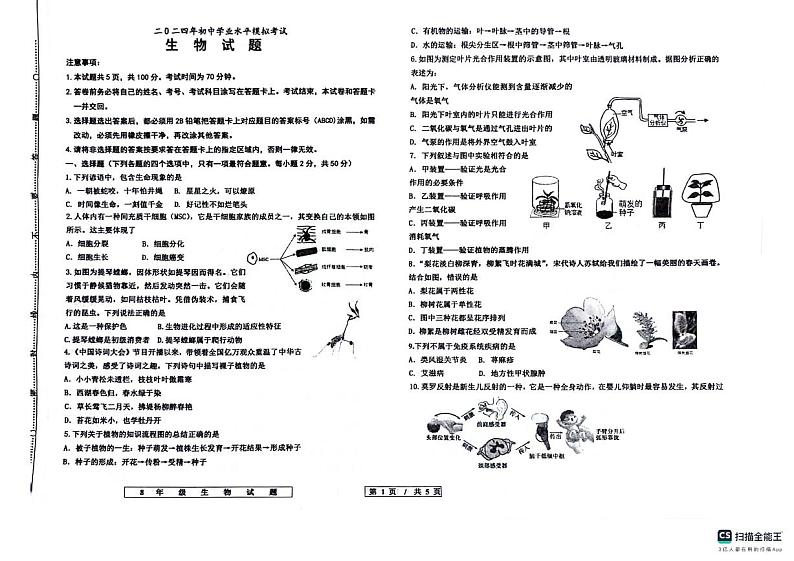 2024年山东省德州市宁津县中考二模生物试题01
